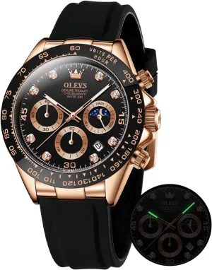 Watches Sport Silicone Band Chronograph Multifunction Luxury Diamond Moon Phase Analog Quartz Male Wrist Watches for Men version lateral passenger disruptive Waterproof Luminous OLEVS Mens 