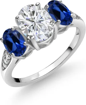 White Gold IGI Certified White Lab Grown Diamond and Gemstone Birthstone 3-Stone Engagement Ring for Women | Oval 8X6MM & 6X4MM | Three Stone Wedding Anniversary suitable auction Promise Ring | Sizes 5-9 10K 
