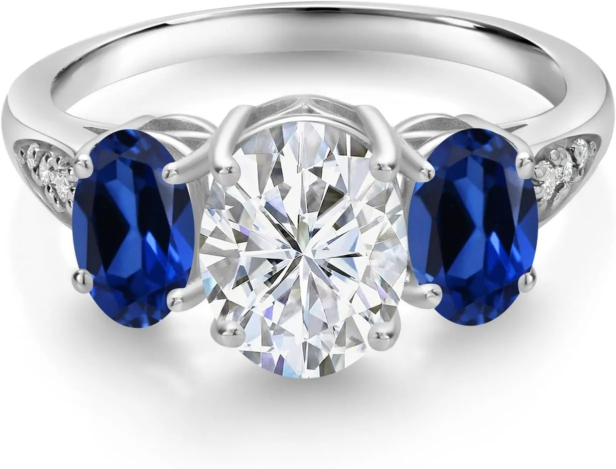 White Gold IGI Certified White Lab Grown Diamond and Gemstone Birthstone 3-Stone Engagement Ring for Women | Oval 8X6MM & 6X4MM | Three Stone Wedding Anniversary suitable auction Promise Ring | Sizes 5-9 10K 