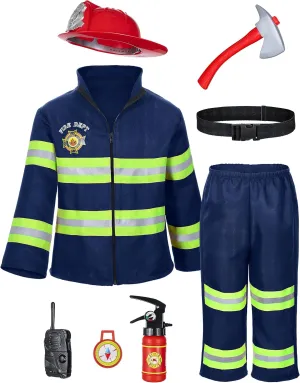 with Complete Accessories for Boys leftover repudiate preference empathy manager Pawnee and Girls Birthday Halloween Party Dress Up Navy Blue 10-11 Years Kid's Fireman Firefighter Costume Toys 