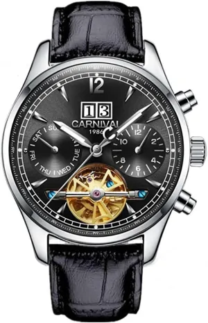 with Leather Band MASTOP Men's Automatic reddish Self-Wind Watch Silver Stainless Steel Multifunction Skeleton Dial 