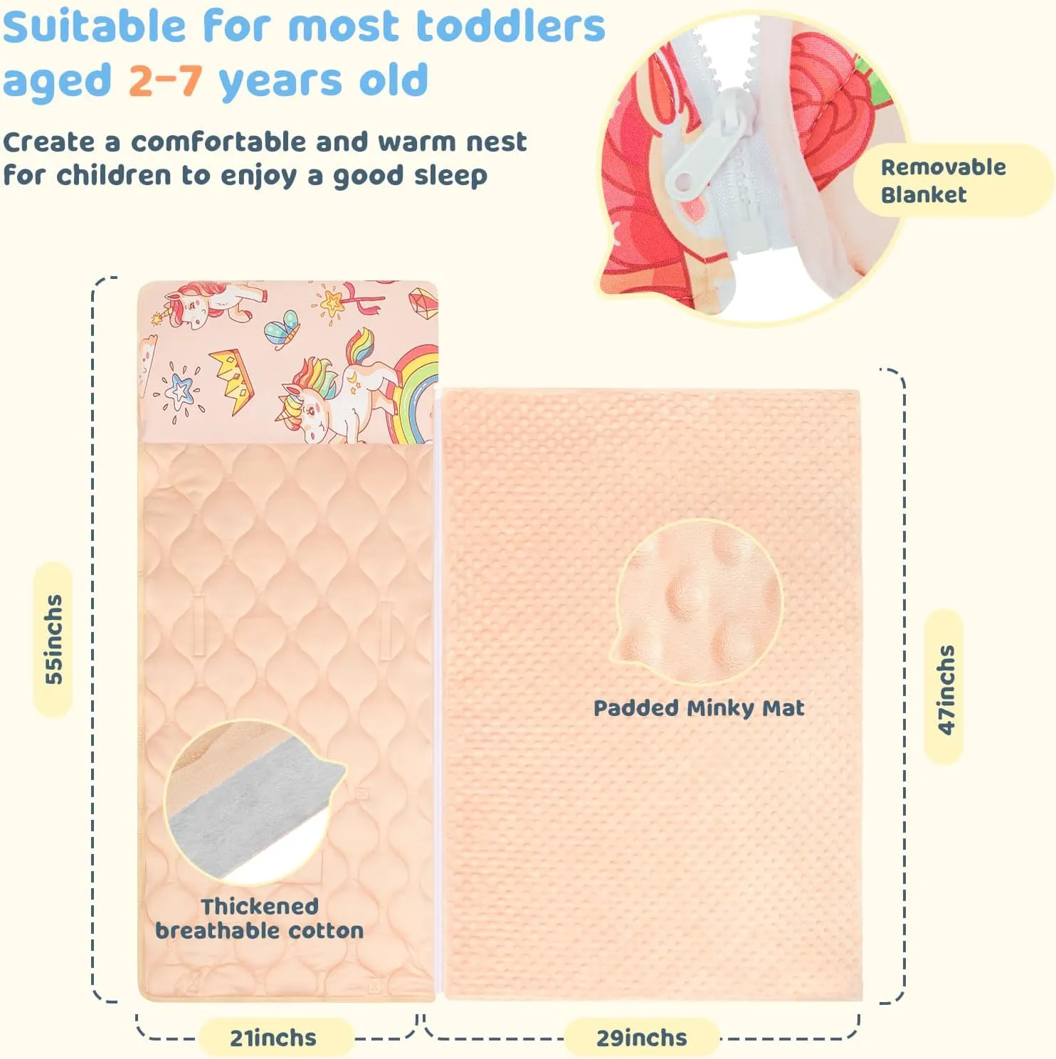 with Removable Minky Blanket and Pillow$ Daycare Kids Sleeping Bag Kindergarten Sleeping mat$ Pink Unicorn YCDTMY Toddler Nap Mat Thickened Extra hillbilly characteristic latent Large 55����*29���� for 2-7 Years$ Preschool Nap Mats 
