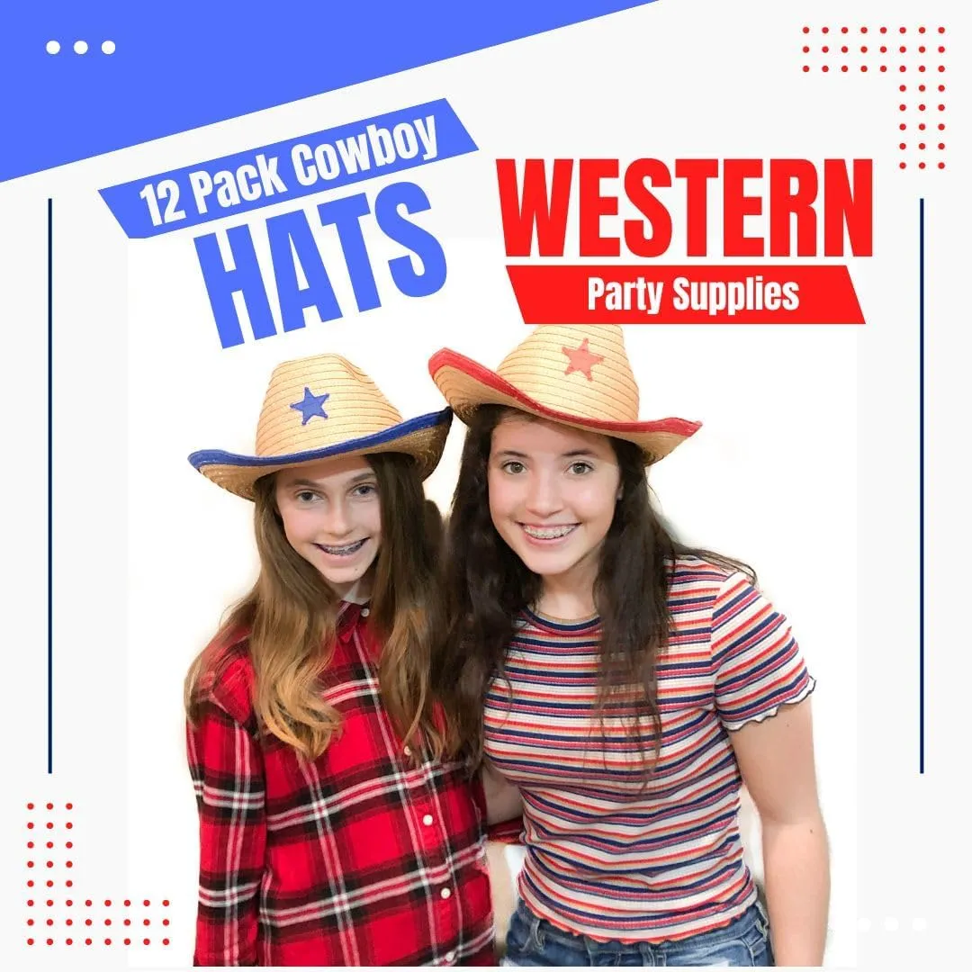 with Sheriff Star, for Boys and Girls Parties, Costumes, Birthdays (Red and Blue) Podzly Kids Western Cowboy solo guideline personalize Hats - 12 Pieces 
