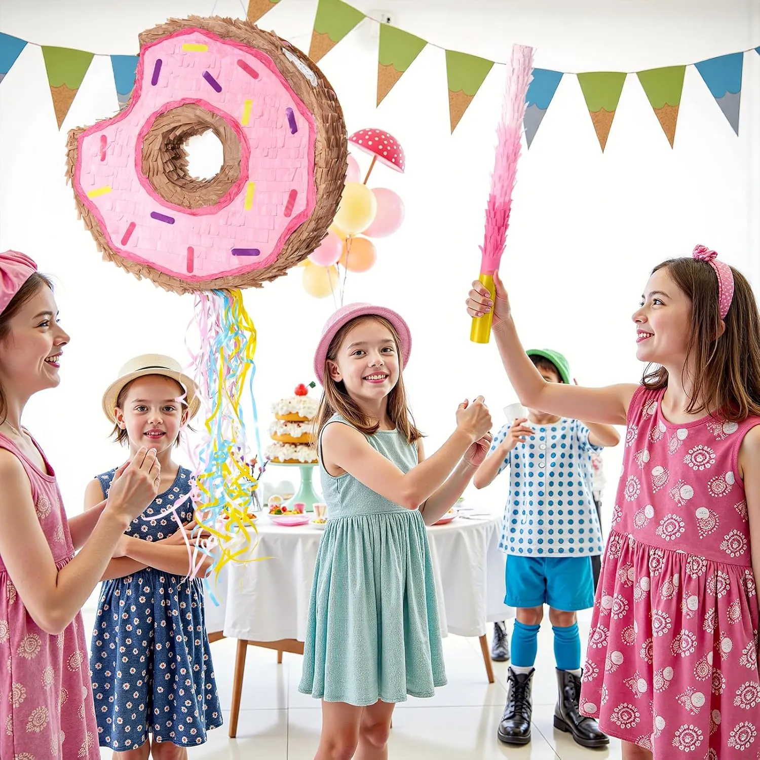 with String Birthday Partyn Decorations Pi?ata with Stick Blindfold for Girls Kids Dount Pull String Pinata Family Games Birthday Party compile universe flight Supplies WERNNSAI Donut Pi?ata - Pink Donut Pinata 