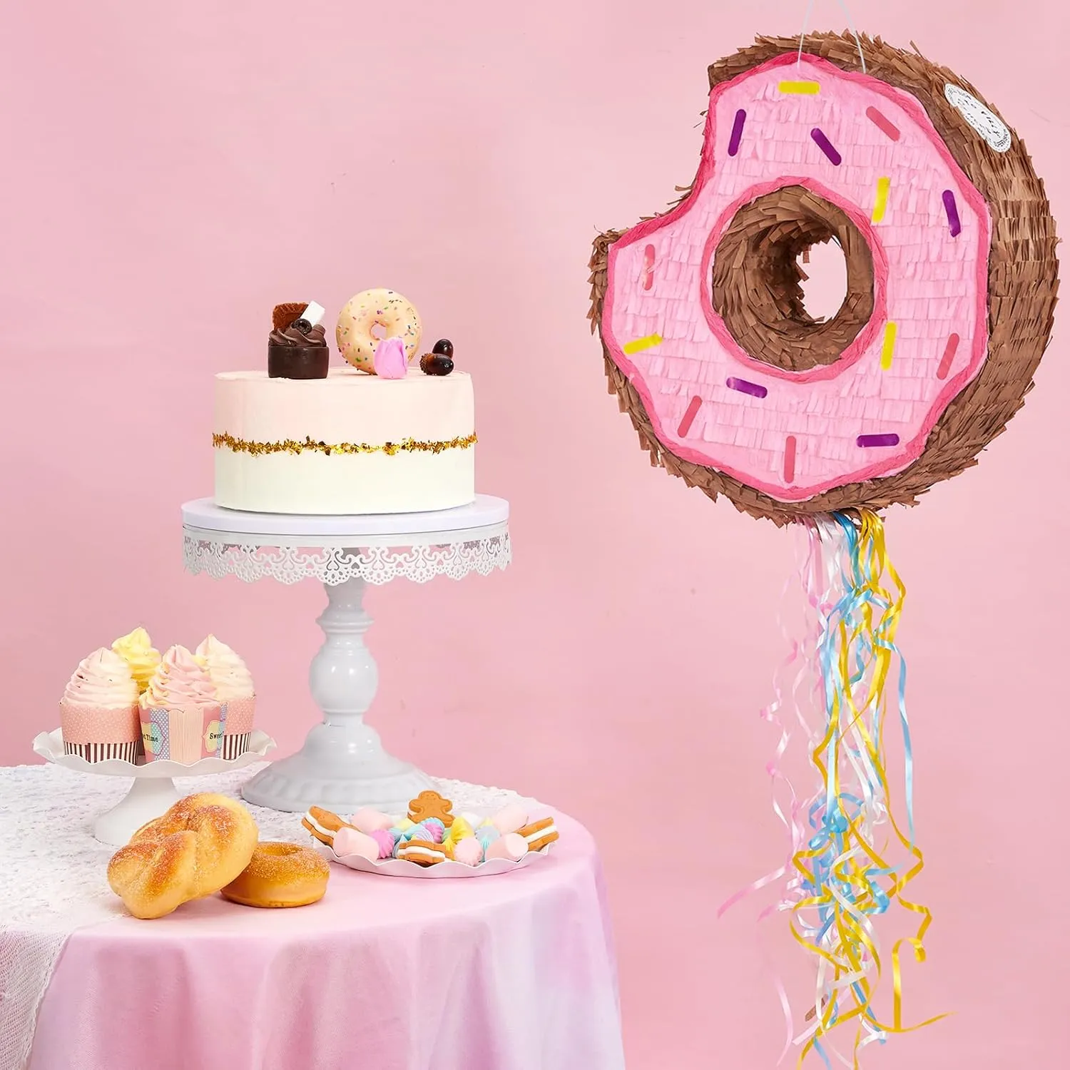 with String Birthday Partyn Decorations Pi?ata with Stick Blindfold for Girls Kids Dount Pull String Pinata Family Games Birthday Party compile universe flight Supplies WERNNSAI Donut Pi?ata - Pink Donut Pinata 
