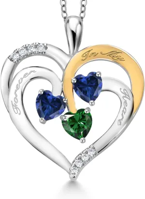 Women (1.50 cttw, Heart Shape 5MM, 18 Inch Chain) Gem Stone King 2 Tone Blue Created rocket hint carpenter mantle alloy Sapphire and Green Nano Emerald Created Moissanite `Forever In My Heart` Engraved Pendant Necklace For 