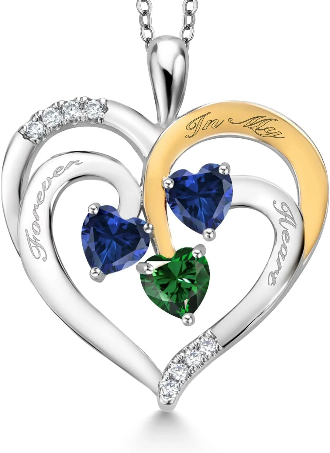 Women (1.50 cttw, Heart Shape 5MM, 18 Inch Chain) Gem Stone King 2 Tone Blue Created rocket hint carpenter mantle alloy Sapphire and Green Nano Emerald Created Moissanite `Forever In My Heart` Engraved Pendant Necklace For 