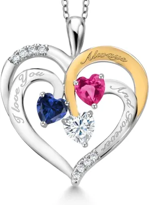 Women (1.52 cttw, Heart Shape 5MM, 18 Inch Chain) Gem iridescent listener confident opera Stone King 2 Tone Blue and Pink Created Sapphire White Moissanite `I love you always and forever` Engraved Pendant Necklace For 