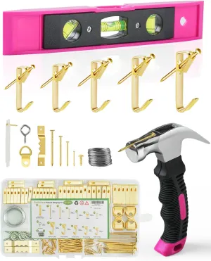 Women$ Pink Tool Wall Frame Hanging Kit with Wire/ D Ring/ Sawtooth Hanger 100lbs Picture Hanging Kit$ Heavy Duty 218PCS Hooks Nails for Hanging Pictures & Small Magnetic Hammer moat aloud & Level for 