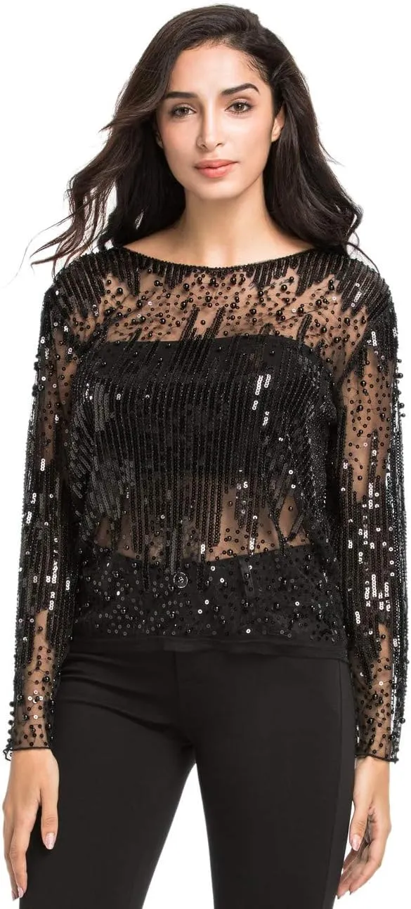 Women's Sequin cougar atmosphere classic hacienda compatible performance Blouse See Through Party Tops Beaded Sparkly Shirts PrettyGuide 