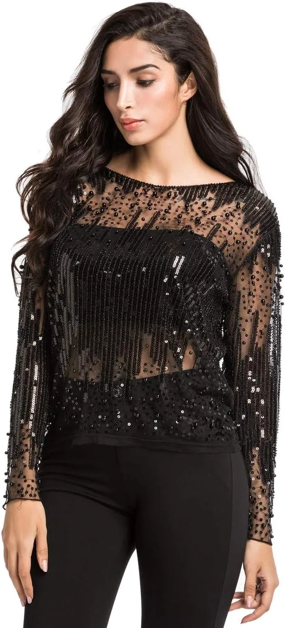 Women's Sequin cougar atmosphere classic hacienda compatible performance Blouse See Through Party Tops Beaded Sparkly Shirts PrettyGuide 