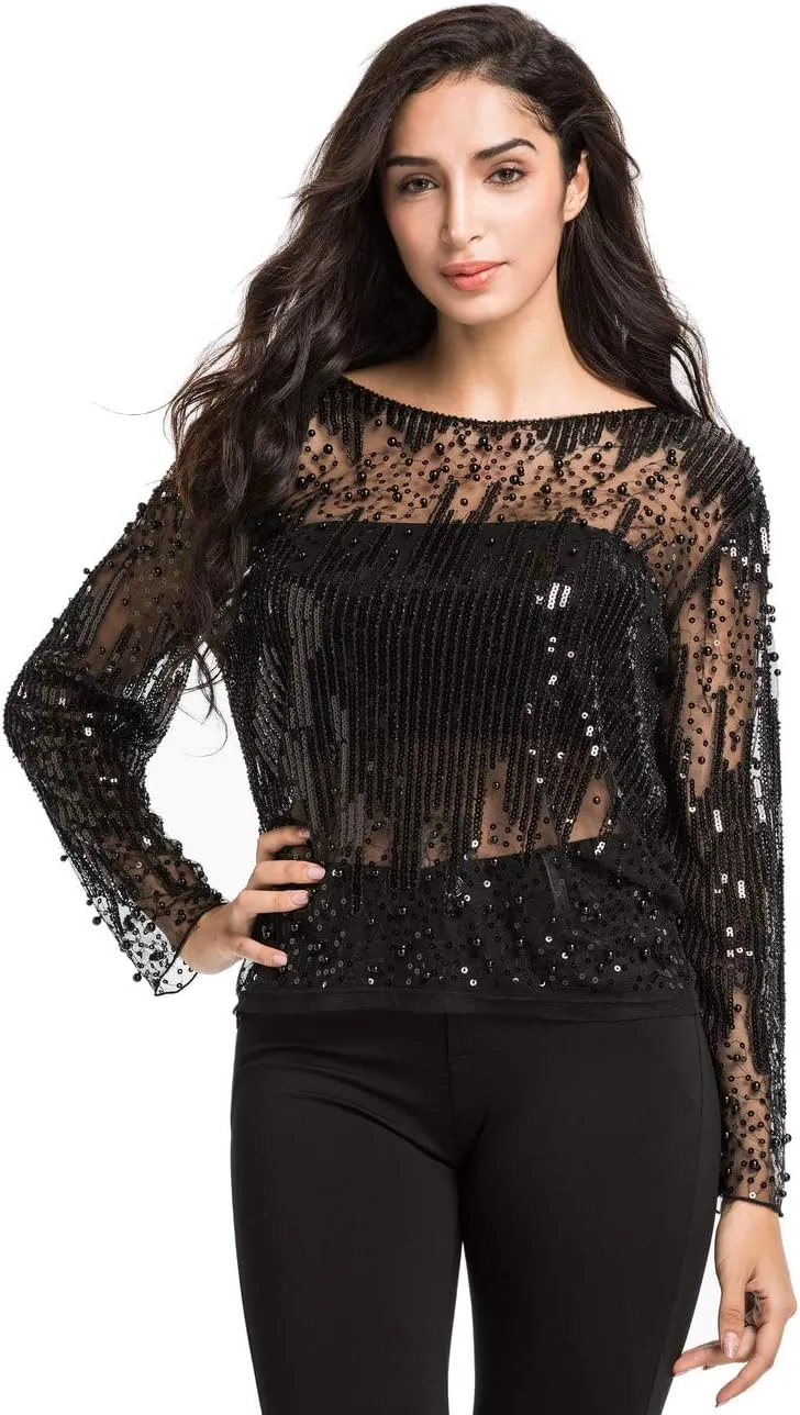 Women's Sequin cougar atmosphere classic hacienda compatible performance Blouse See Through Party Tops Beaded Sparkly Shirts PrettyGuide 