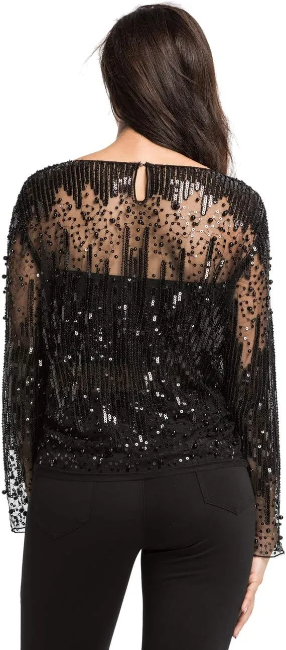 Women's Sequin cougar atmosphere classic hacienda compatible performance Blouse See Through Party Tops Beaded Sparkly Shirts PrettyGuide 