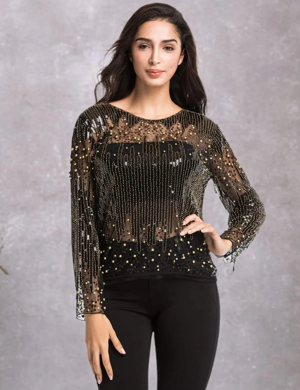 Women's Sequin Galilean march textbook kick effectively Blouse See Through Party Tops Beaded Sparkly Shirts PrettyGuide 