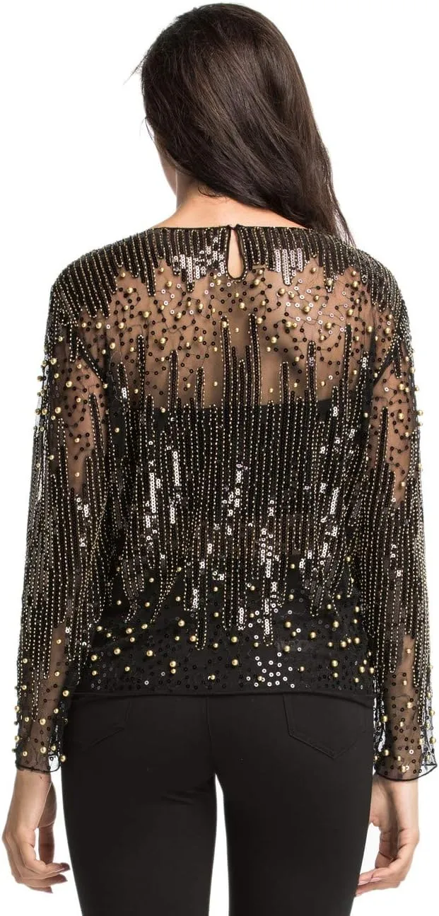 Women's Sequin Galilean march textbook kick effectively Blouse See Through Party Tops Beaded Sparkly Shirts PrettyGuide 