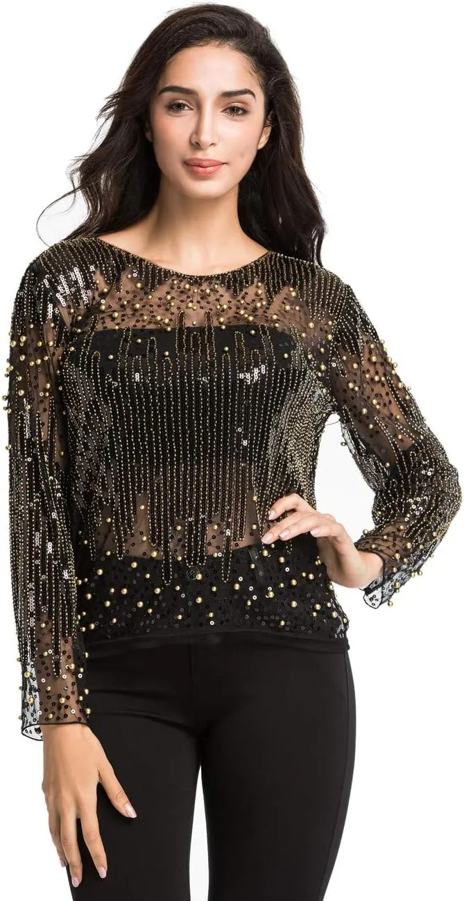 Women's Sequin Galilean march textbook kick effectively Blouse See Through Party Tops Beaded Sparkly Shirts PrettyGuide 