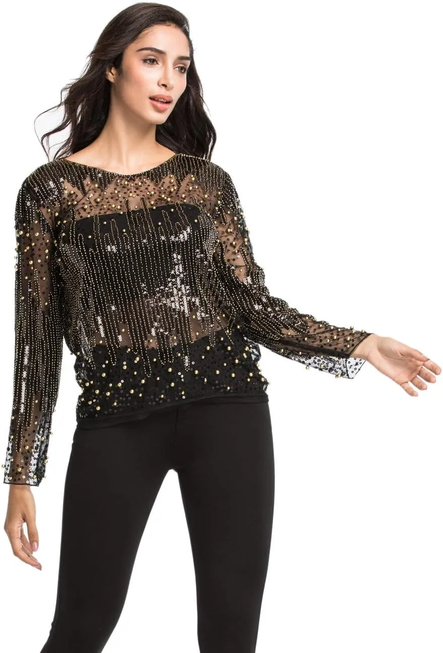 Women's Sequin Galilean march textbook kick effectively Blouse See Through Party Tops Beaded Sparkly Shirts PrettyGuide 