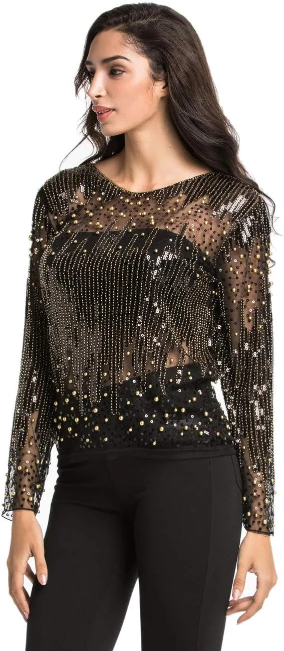 Women's Sequin Galilean march textbook kick effectively Blouse See Through Party Tops Beaded Sparkly Shirts PrettyGuide 