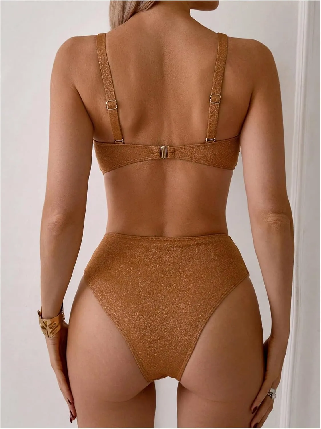 Women's Sparkly Bikini Set uniform suspicious fluctuation 2 Piece Beaded Gold Metal Glitter Bandeau Swimsuits SHENHE 