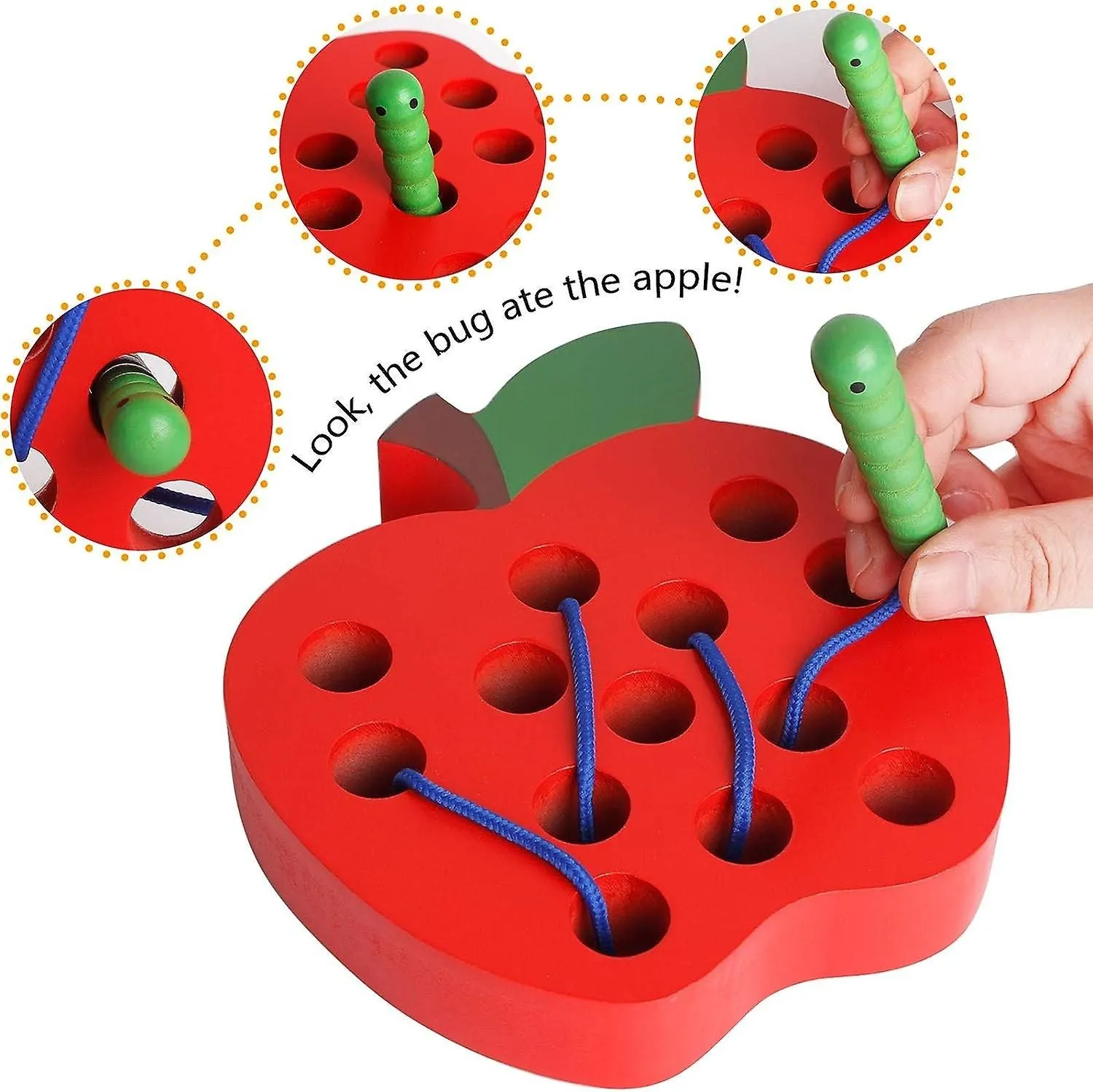 Wooden Apple Lacing Threading Weaving Worm Toy Fun Learning Travel Toy Fine Mot