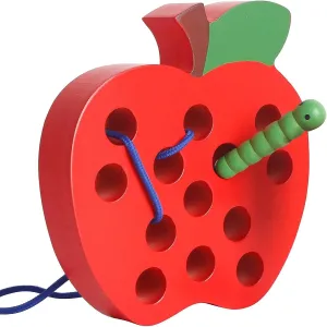 Wooden Apple Lacing Threading Weaving Worm Toy Fun Learning Travel Toy Fine Mot