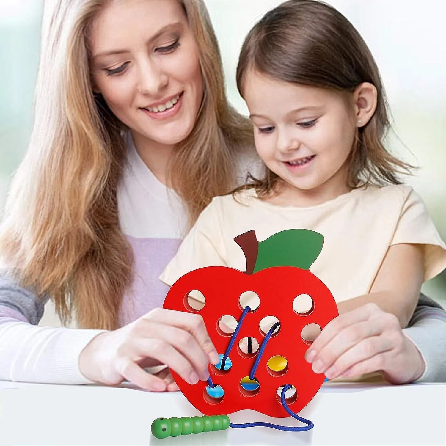 Wooden Apple Lacing Threading Weaving Worm Toy Fun Learning Travel Toy Fine Mot