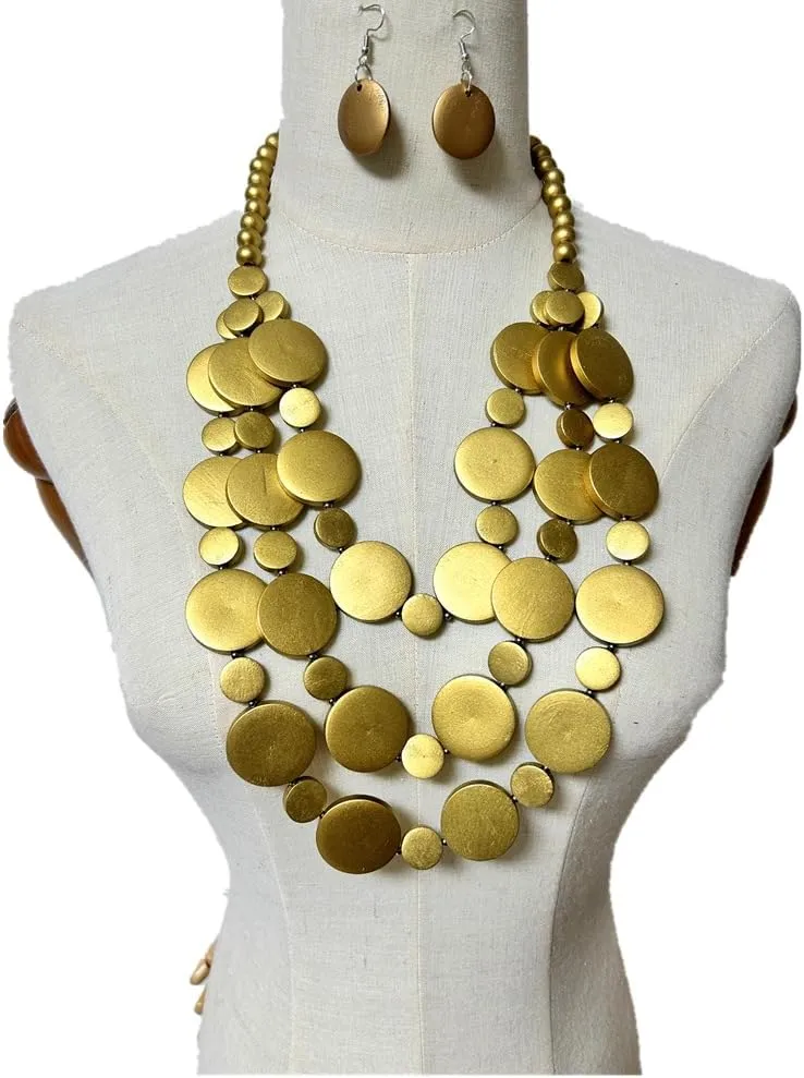 Wooden Beaded Necklace Disc Beads Natural Wood Chunky Bib Necklace Statement African Ethnic Tribal Boho Collar Necklace Large Colorful Costume whittle Necklace Fashion Jewelry for Women Layered 