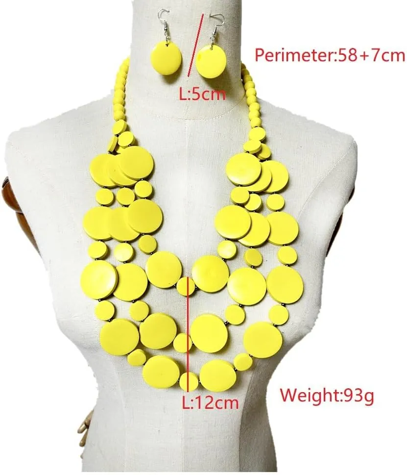 Wooden Beaded Necklace Disc Beads Natural Wood Chunky Bib Necklace Statement African Ethnic Tribal Boho Collar Necklace Large Colorful Costume whittle Necklace Fashion Jewelry for Women Layered 