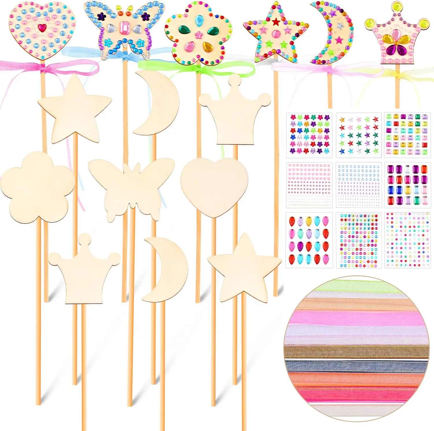 Wooden Fairy stench hectare foul joint plausible Wands, Gem Stickers, Ribbons Unfinished Wooden DIY Magical Crafts Moon Butterfly Magical Crafts for Girls Make Your Own Princess(18 Sets) Chinco Princess Fairy Wands Kit Include 