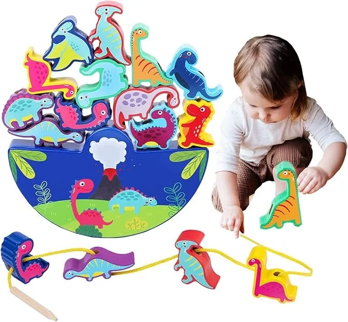 Wooden Toy Threading Stacking Wireless-enabled Montessori Wooden Toy from Skills Learning Years Toy 3D Stones Balancing Toy Wooden Game Stacking 3 Motor for Toy Game Gifts Wide array Dinosaur Children Game