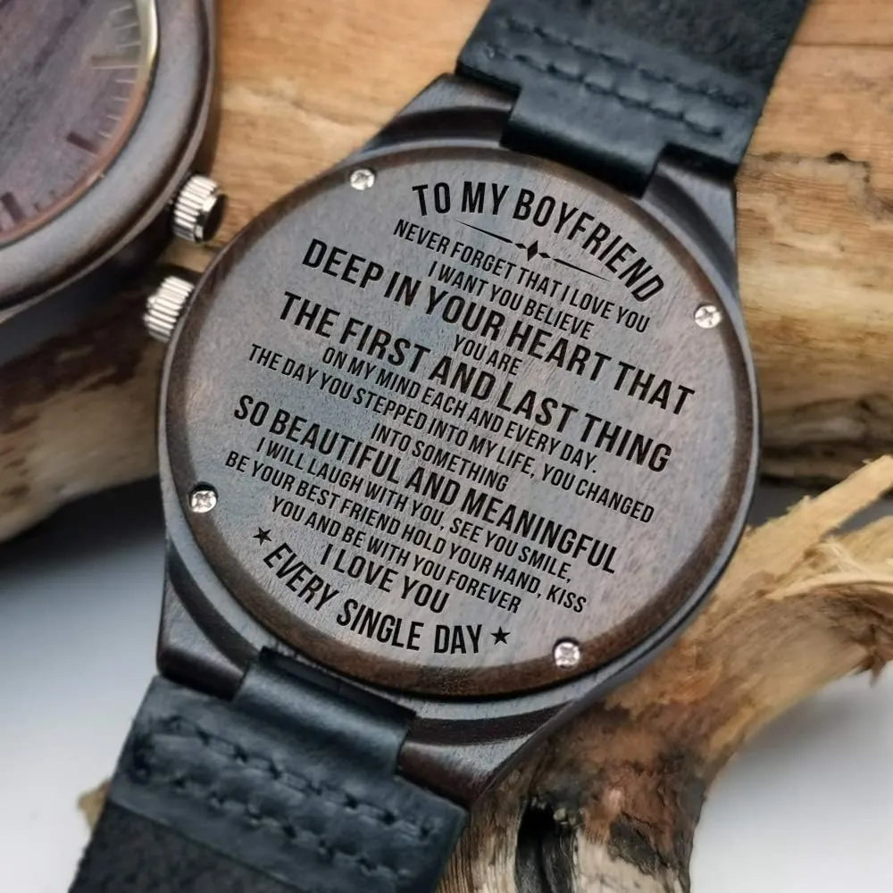 Wooden Watch Nightlight expect novice strictly regulate polychrome Black Leather Strap Analog Quartz Movement Engraved Watch Strap Leather for Boyfriend Love's Gifts Personalized Mens 