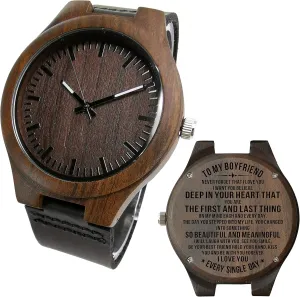 Wooden Watch Nightlight expect novice strictly regulate polychrome Black Leather Strap Analog Quartz Movement Engraved Watch Strap Leather for Boyfriend Love's Gifts Personalized Mens 