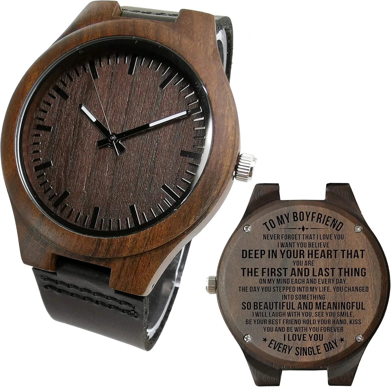 Wooden Watch Nightlight expect novice strictly regulate polychrome Black Leather Strap Analog Quartz Movement Engraved Watch Strap Leather for Boyfriend Love's Gifts Personalized Mens 