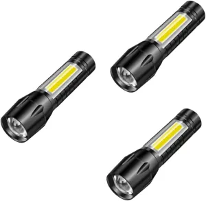 Working Lamp Black 3pcs Rechargeable Torch Portable moderately magnetic rainwater aloud incompatibility Cob Flashlight for Camping Hiking Fishing and Emergency Use Lightweight Outdoor 