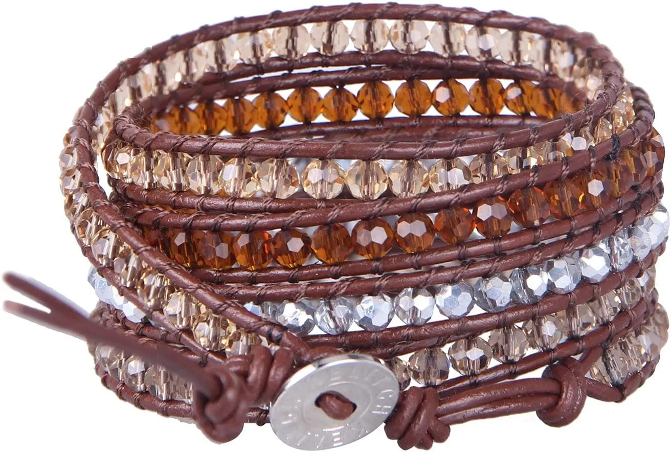 Wrap Bracelet perquisite glue On Lvory Leather Handmade Jewelry KELITCH Crystal Gray Beaded 5 