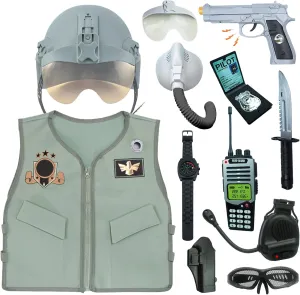Years Old RedCrab Fighter Air Pilot joint Captain Hat Pilot Costume Playset,10pcs Air Force Dress Up Role Play Set with Helmet, Halloween Party Cosplay Supplies for 3-12 