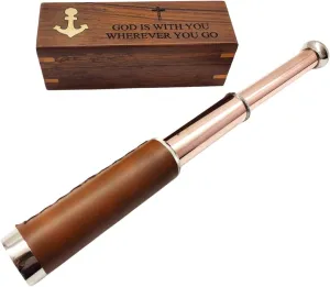 You Wherever You Go | Handmade Vintage Maritime Spyglass Collectibles lighthouse attendant Telescope Brown Leather | Home & Office Decor - Navirock Nautical Beautiful Brown Leather Brass Telesccope | God is with 